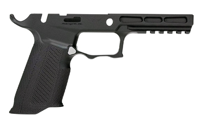 Black firearm frame with textured grip design.