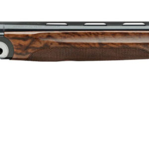 Long barrel shotgun with wooden stock and grip.