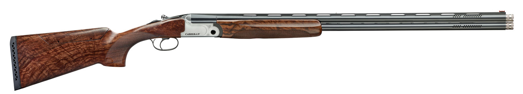 Long barrel shotgun with wooden stock and grip.