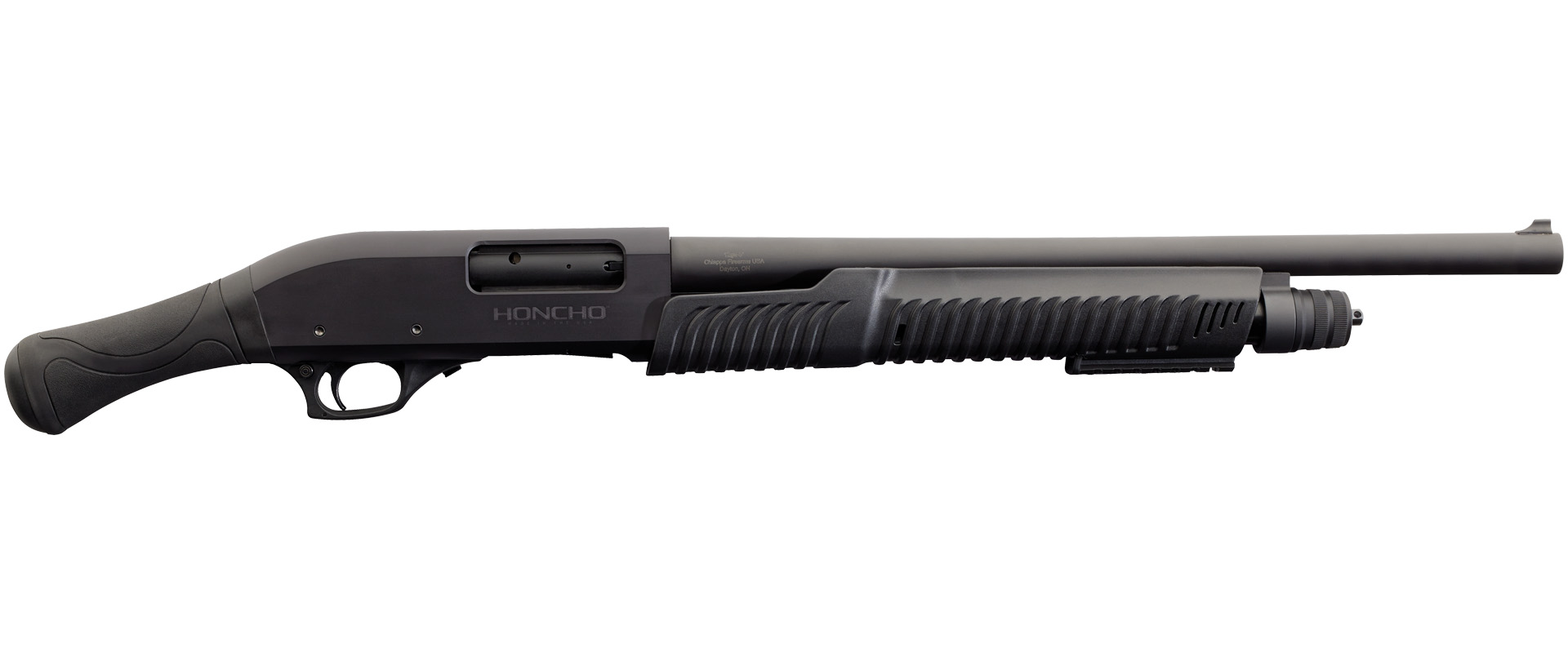 Side view of a black shotgun.