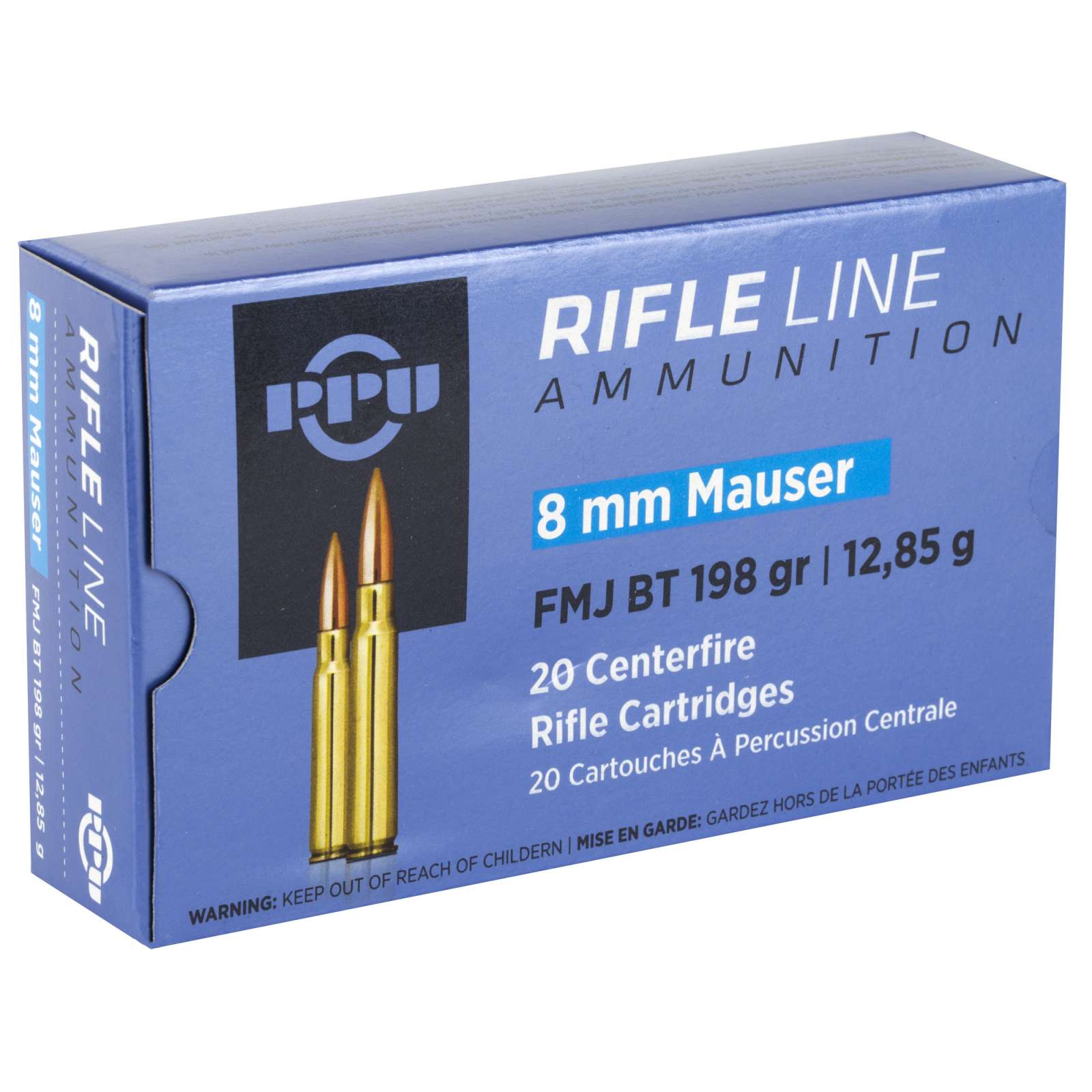 8mm Mauser rifle ammunition box with 20 cartridges.