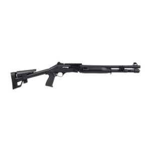 Black shotgun with adjustable stock and rail.