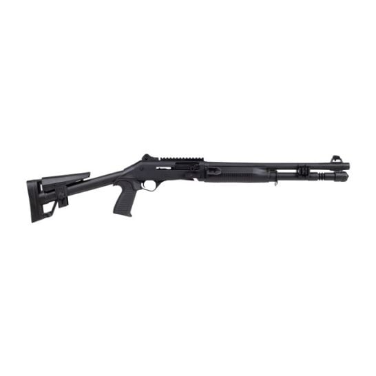Black shotgun with adjustable stock and rail.