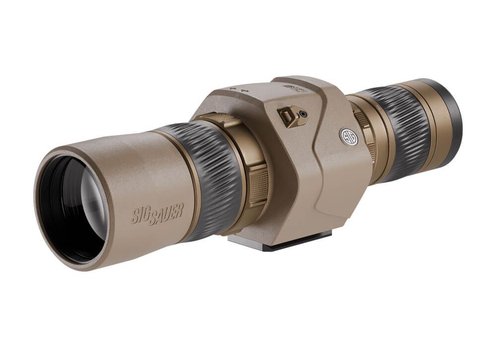 Tactical rifle scope in tan color.