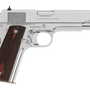 Silver Colt Government Model pistol with wood grips.