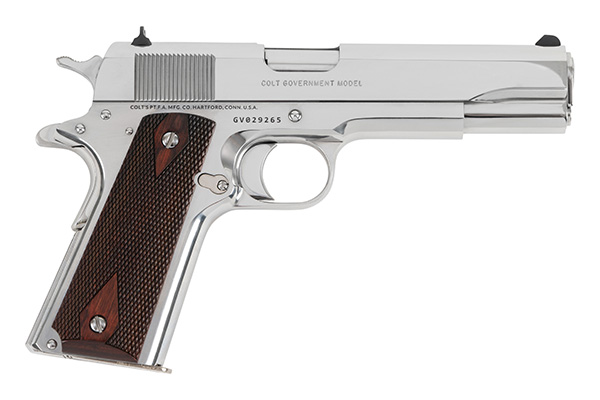 Silver Colt Government Model pistol with wood grips.