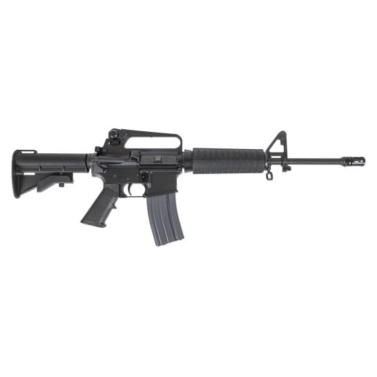 Black assault rifle on white background