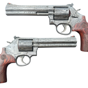 Engraved Smith & Wesson revolver with wooden grip.