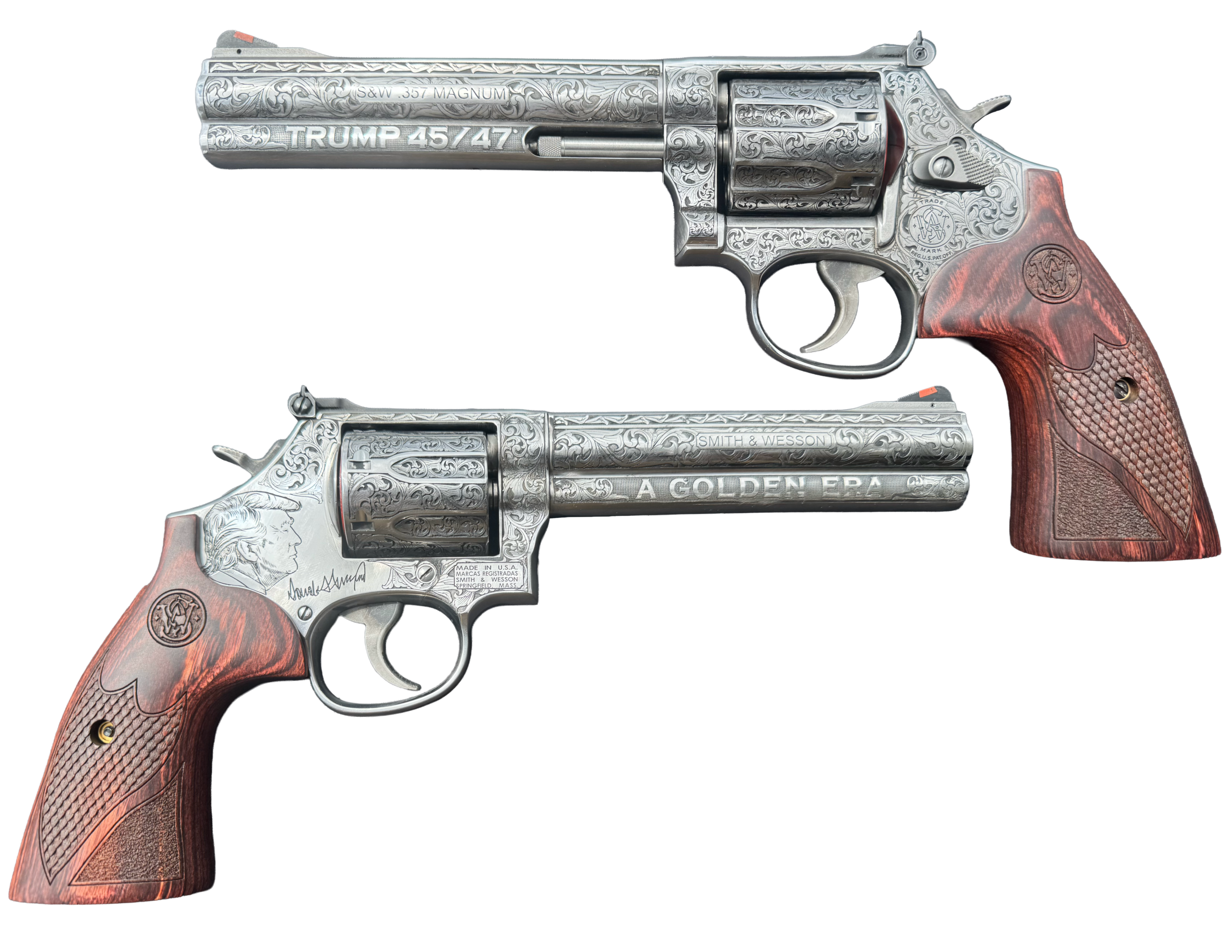 Engraved Smith & Wesson revolver with wooden grip.