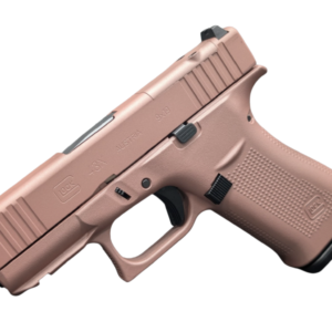 Pink Glock handgun angled view on white background.