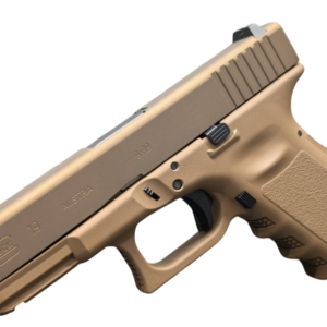 Glock 19 handgun with tan finish.