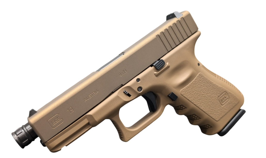 Glock 19 handgun with tan finish.