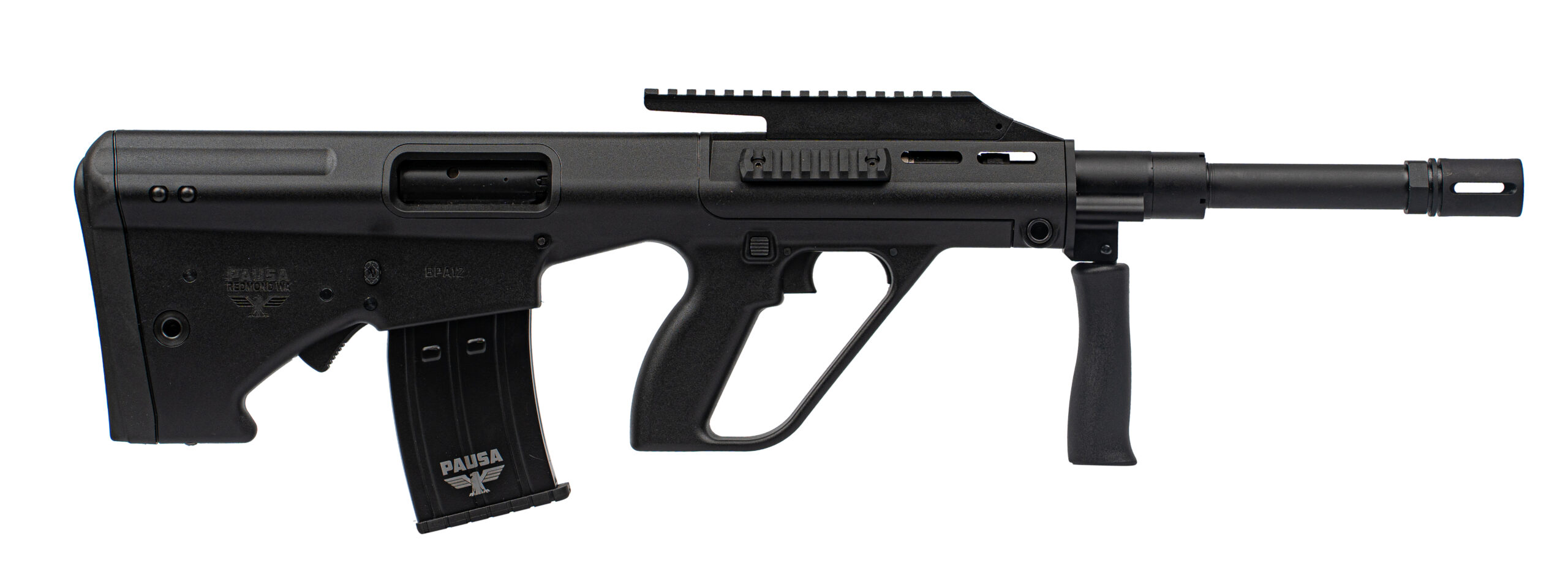 Side view of a modern black firearm.