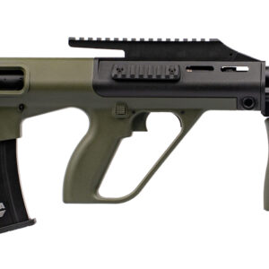 Green tactical firearm displayed on a white background.