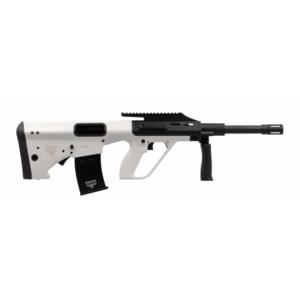 White modern firearm with detachable magazine