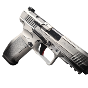 Silver semi-automatic handgun displayed on black background.
