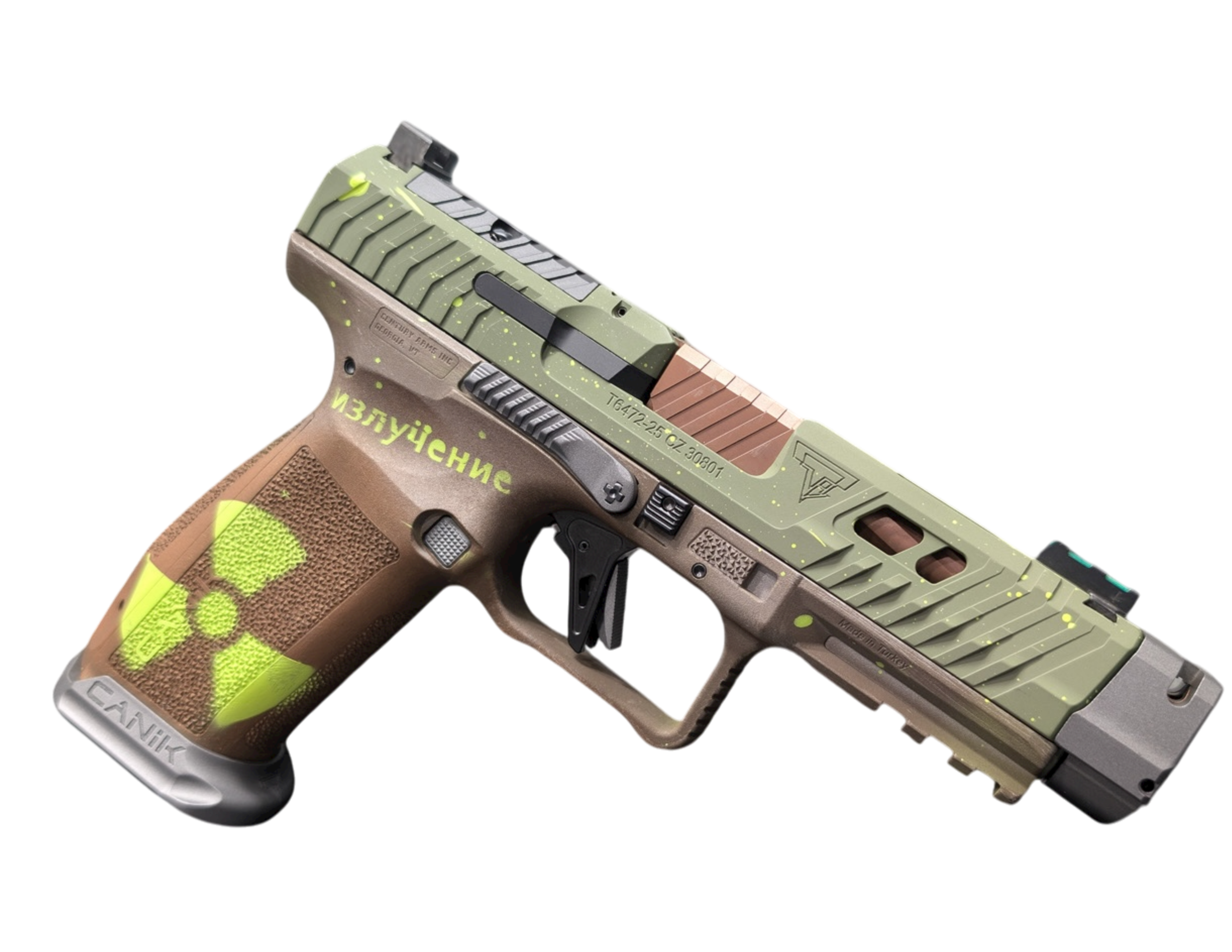 Stylish green and brown custom handgun.
