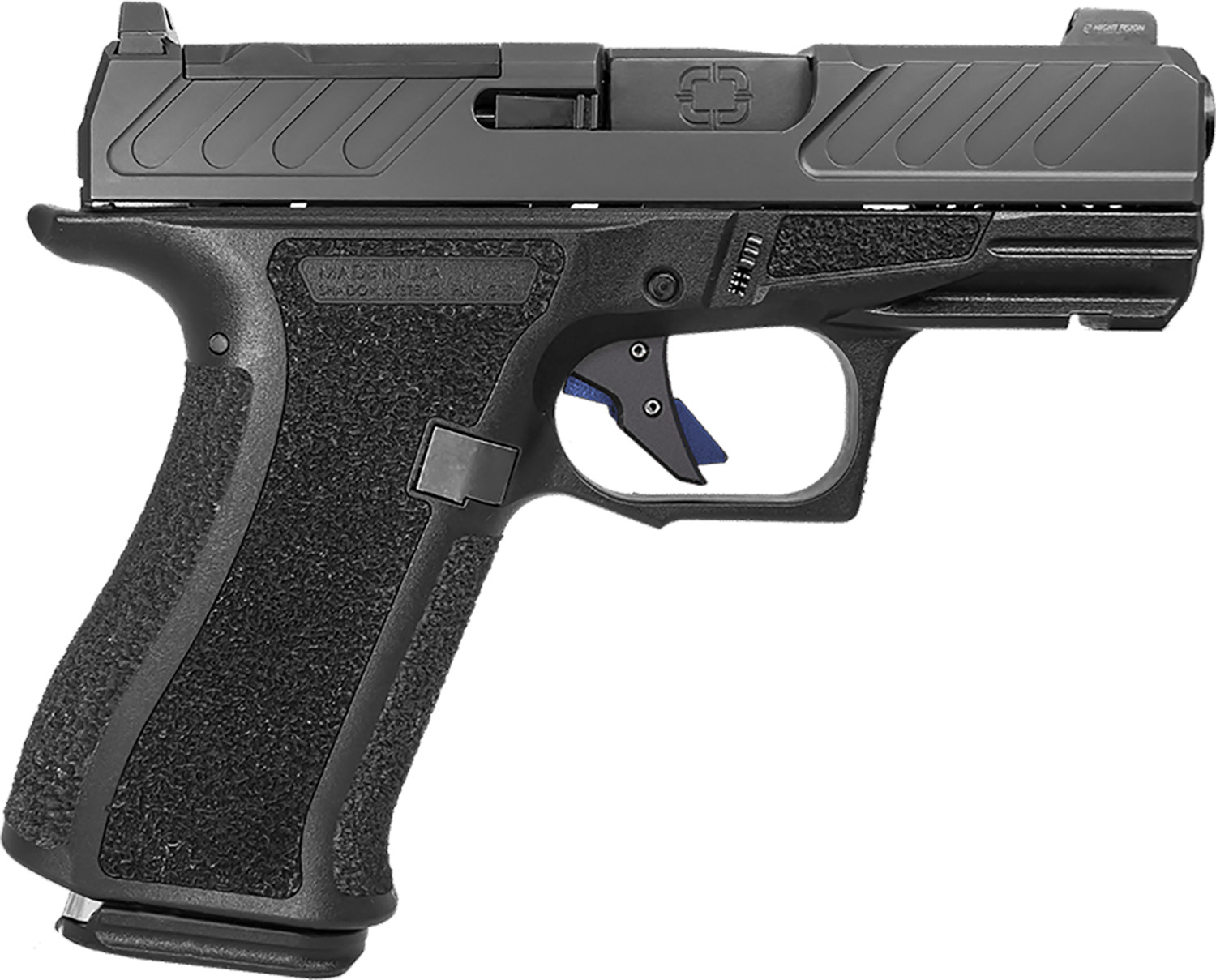 Side view of a modern pistol with textured grip.