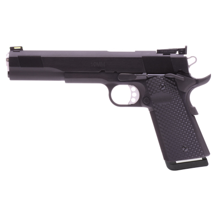 Black semi-automatic pistol on white background