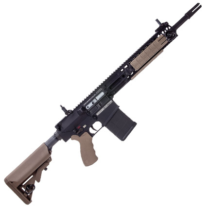 Black and tan modern rifle with attachments