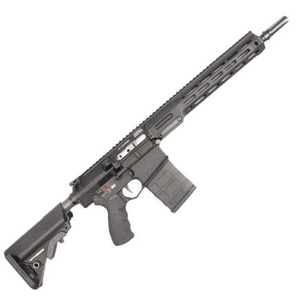 A black semi-automatic rifle on a white background.