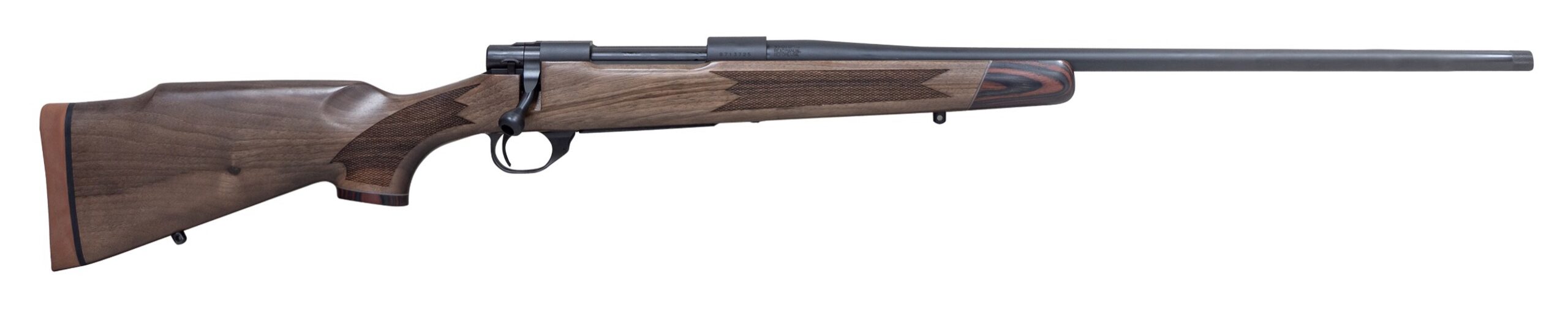 Side view of a wooden rifle with barrel.