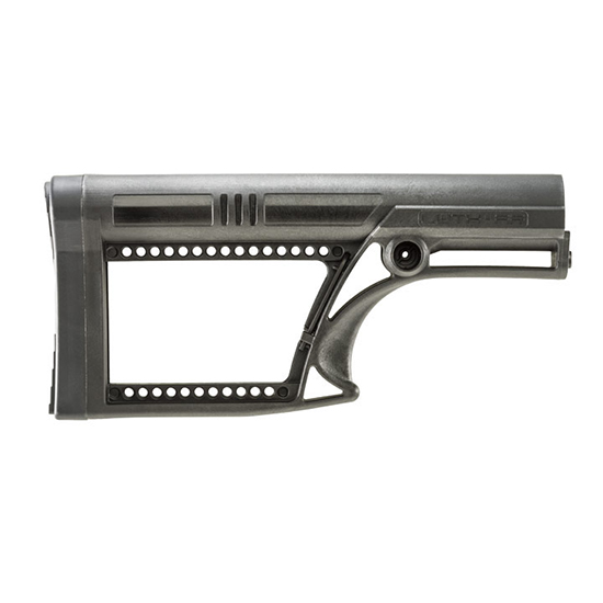 Adjustable firearm stock in matte black finish.