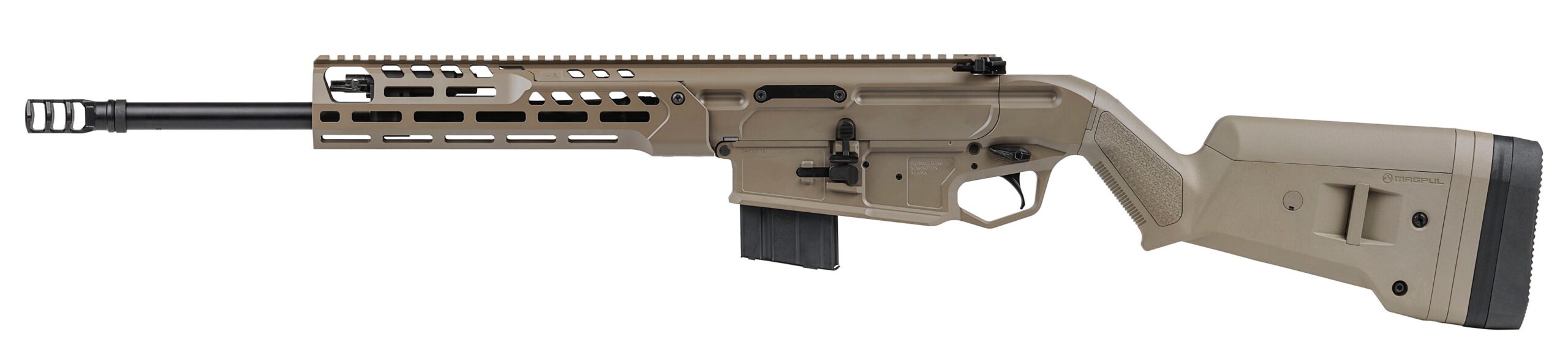 Side view of a modern rifle in tan color.