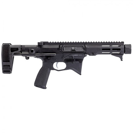 Black firearm with adjustable stock and accessory rail.