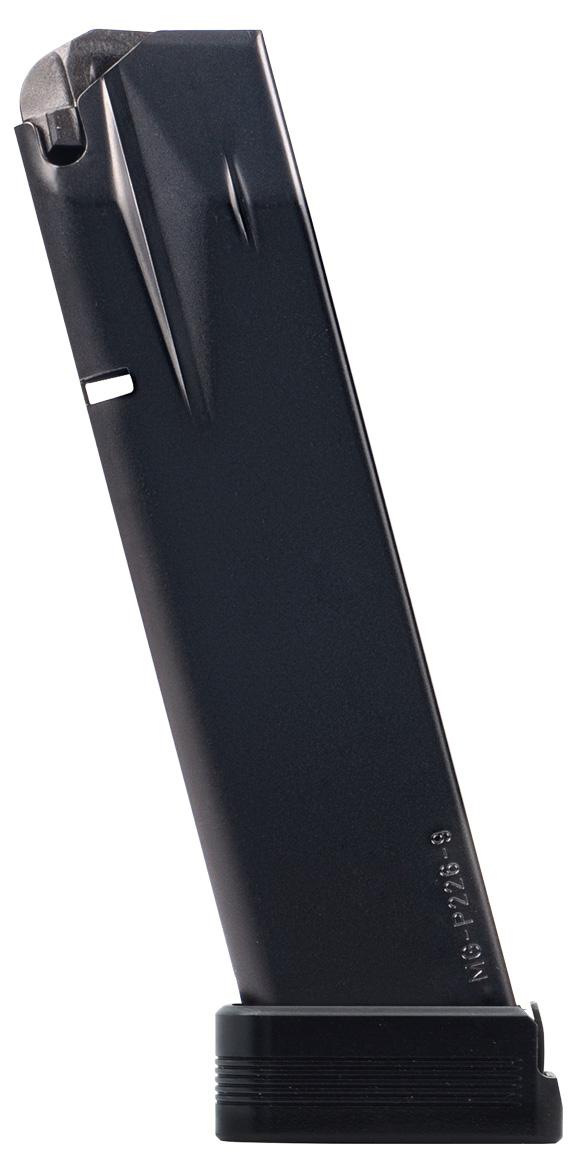 Black handgun magazine displayed vertically.