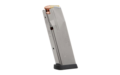 Handgun magazine with copper bullets visible