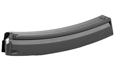 Curved black magazine for firearm ammunition.