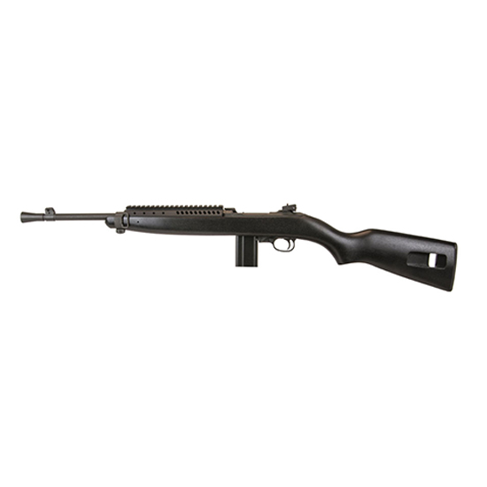 Side view of a black rifle.