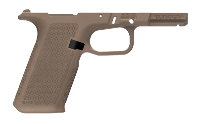 Brown handgun frame with textured grip.