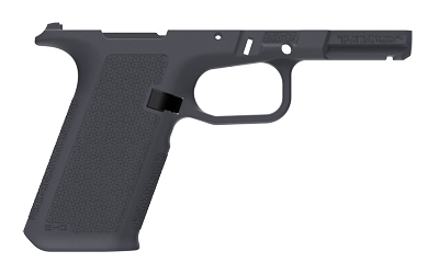 Black handgun frame with textured grip.