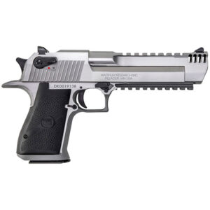 Silver pistol on a white background.