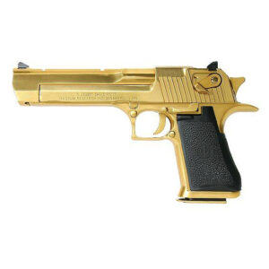 Gold-colored handgun side view on white background