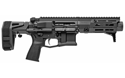 Black modern firearm with tactical features