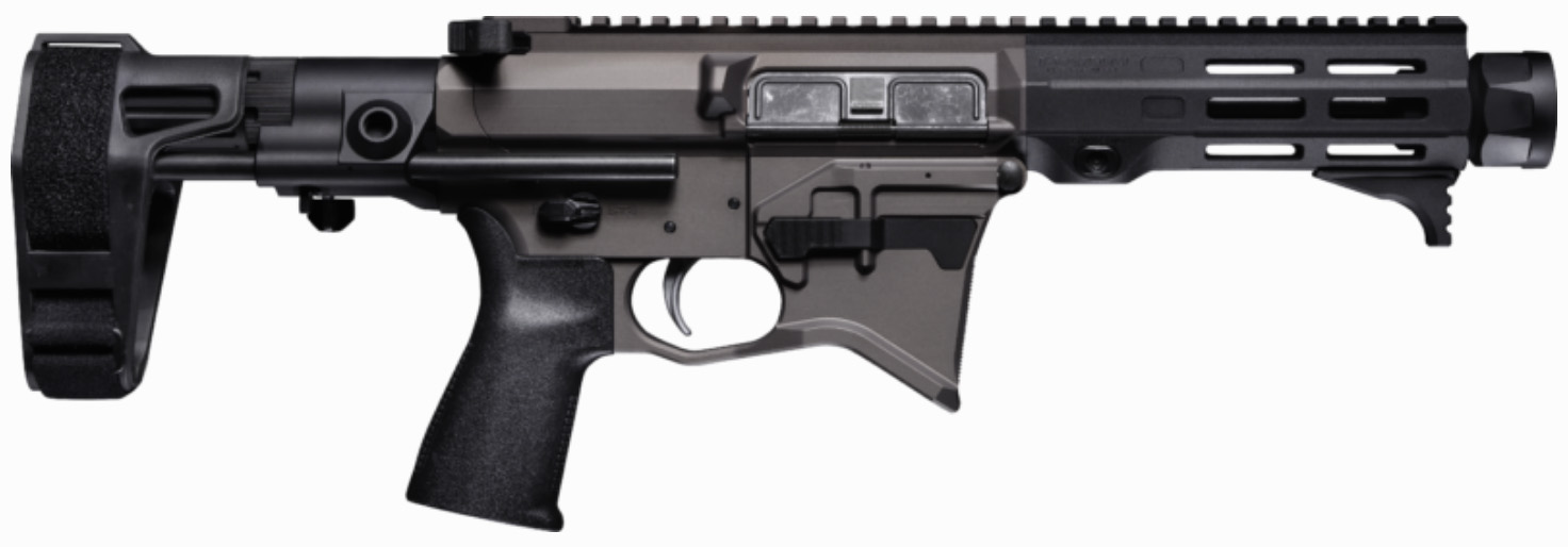 Side view of a modern firearm design.