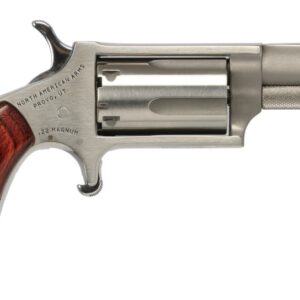 Small revolver with wooden grip and silver finish.