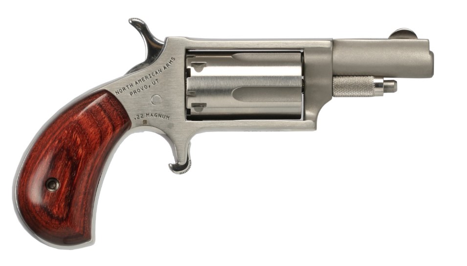 Small revolver with wooden grip and silver finish.