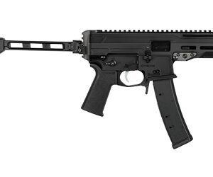 Black firearm with retractable stock and magazine.