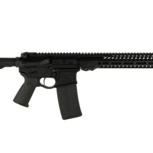 Black firearm with tactical design and features.