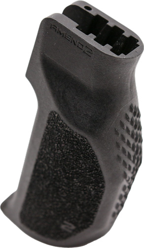 Black firearm grip with textured surface.