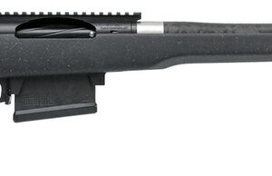 Side view of a sleek black rifle.