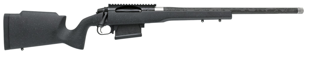 Side view of a sleek black rifle.