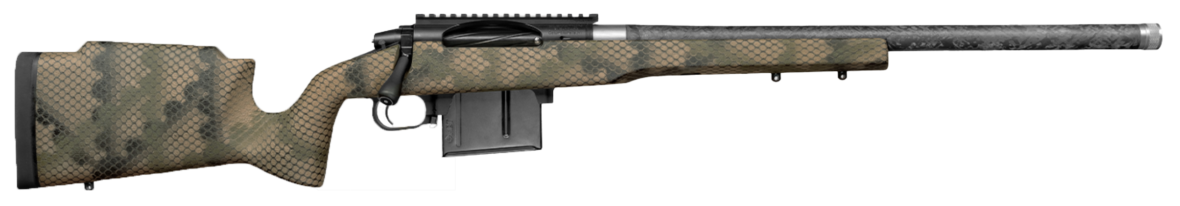 Detailed view of a camouflaged rifle.