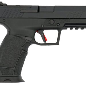 Side view of a modern black handgun.