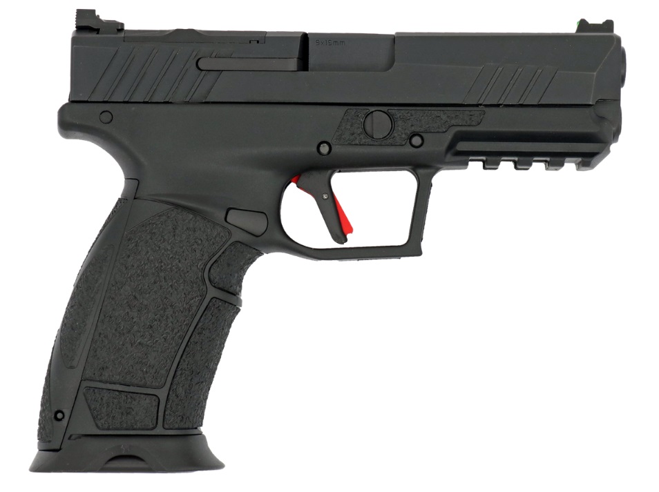 Side view of a modern black handgun.