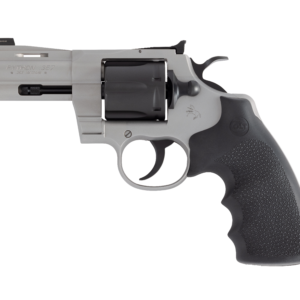 Silver revolver with black grip on white background